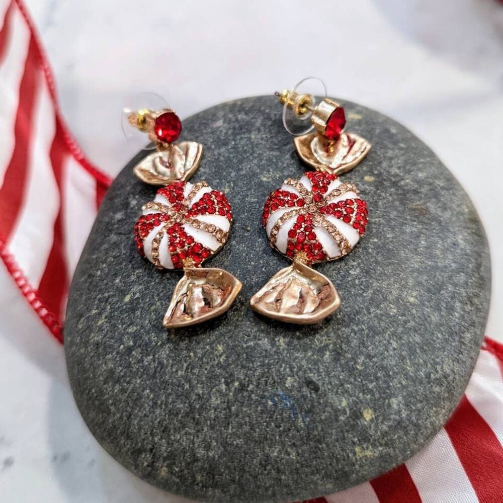 HOLIDAY Sparkle Red White Peppermint Dangle Post Earrings Christmas